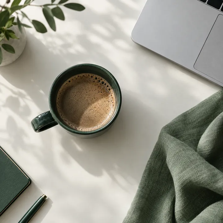 Caneca verde, tecido suave e canto de um notebook prateado.