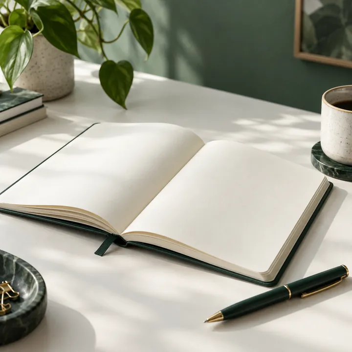 Caderno aberto e caneta verde em uma mesa clara.
