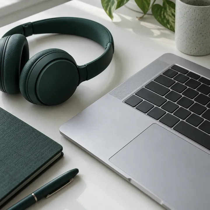 Teclado prateado e fones verdes sobre uma mesa de trabalho.